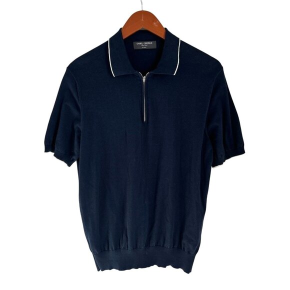 Daniel Cremieux Navy Short-Sleeve Cottonl Zip Polo Shirt With White Piping Made - Picture 2 of 9